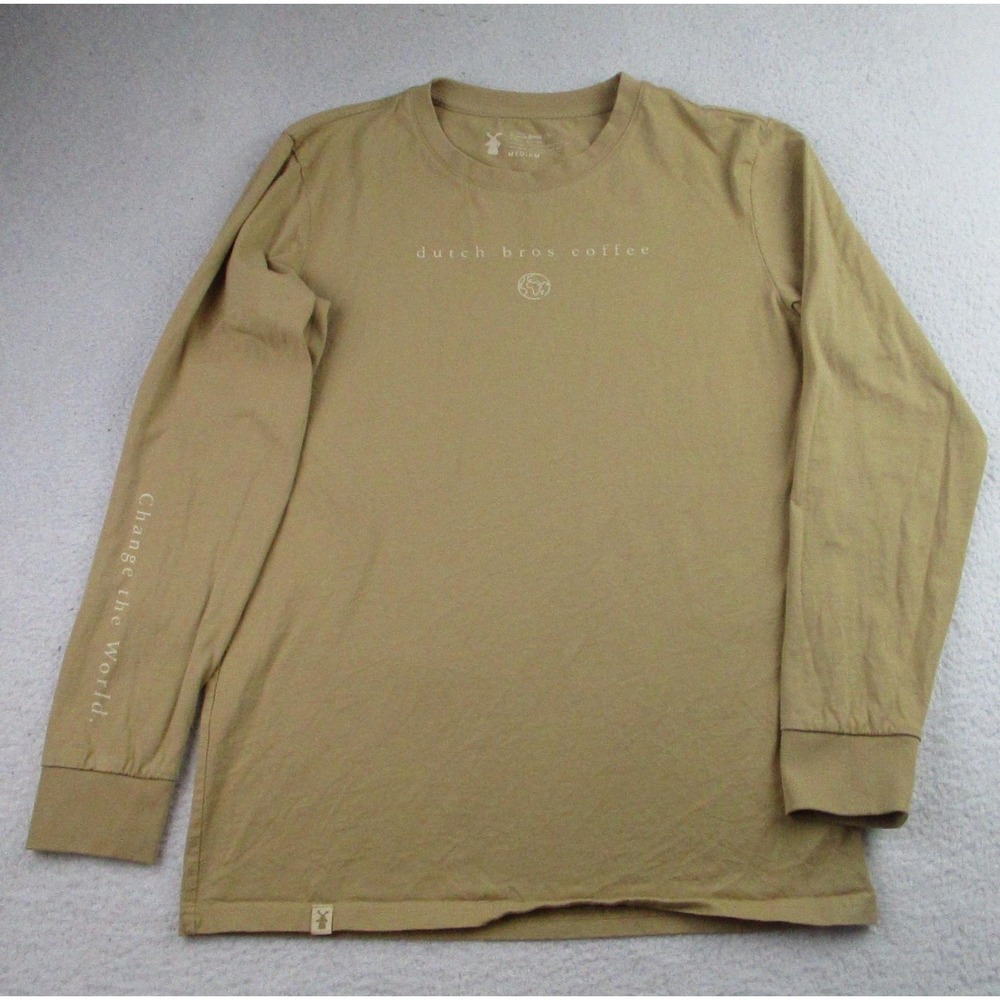 Dutch Bros Coffee Shirt Mens Medium Tan Long Sleeve Change the World Earth Logo